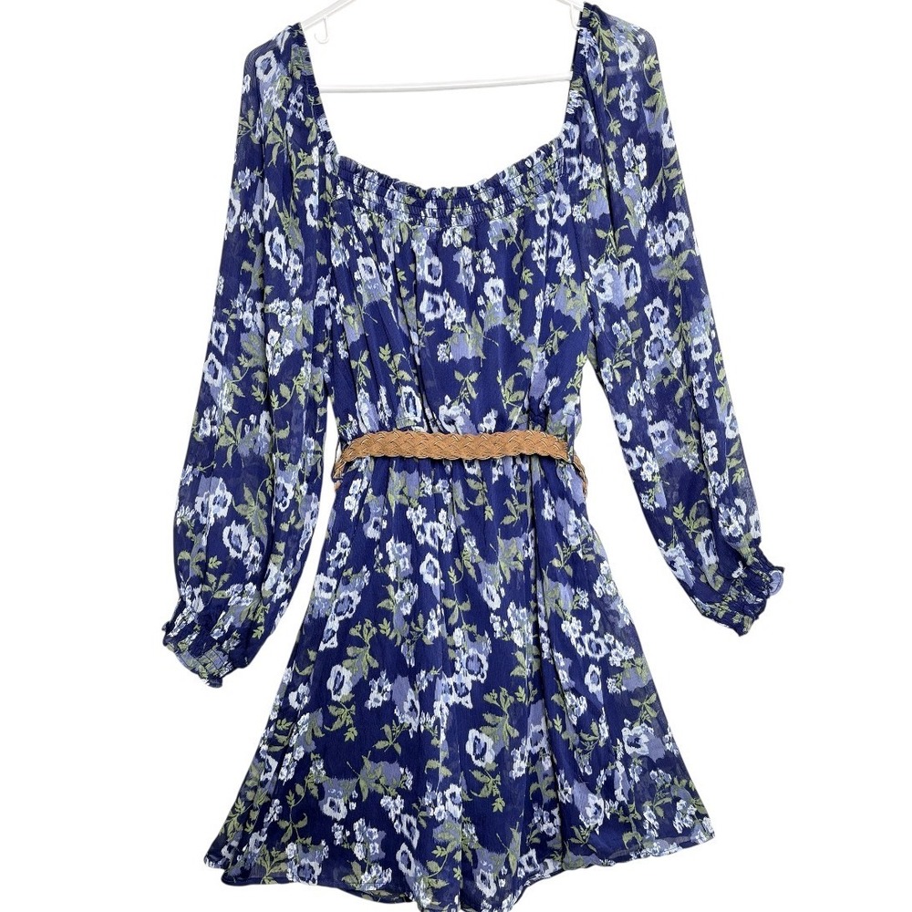 Wallflower Floral Mini Dress Womens XL Blue NWT Smocked Long Sleeve Belted - Picture 2 of 6